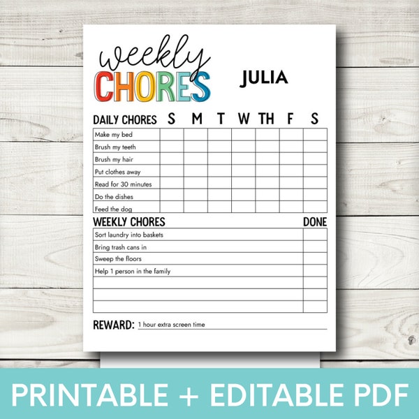 Chore Chart for Kids, Kids Chores, Kids Chore Chart, Responsibility Chart, Chore Chart Printable, Editable PDF, Instant Download