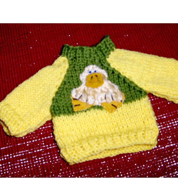 teddy or doll Easter sweater, hand knitted, hand made duckey applique free shipping U.S.