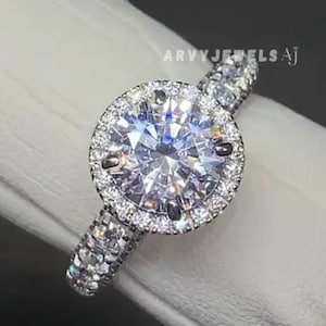 Classic 2Ct Round Cut Moissanite Halo Engagement Ring, Classic 4-Prong Pave Set Wedding Ring, Halo Promise Ring For Women, Handmade Jewelry.