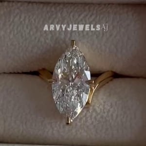 Marquise Cut Moissanite Engagement Ring, 14K Gold Chevron Band Proposal Ring For Her, V Shape Band Solitaire Wedding Ring, Gifts For Women.