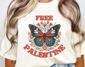 Free Palestine Butterfly Graphic T-Shirt aesthetic protest shirt Floral cute slogan tee comfort colors soft cotton statement shirt gift Gaza