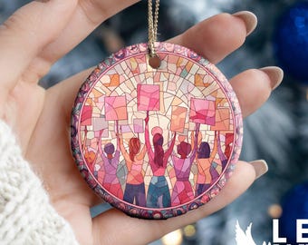 Women's March Pink Protest Keepsake Ornament Stained Glass Style Christmas Custom Political Gift Holiday Ceramic Tree Decoration