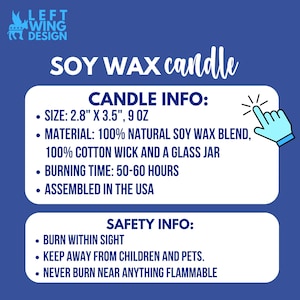 May include: A blue informational graphic for a soy wax candle by Left Wing Design. It lists dimensions of 2.8 inches by 3.5 inches, a 9 ounce weight, 100 percent natural soy wax blend, cotton wick, glass jar, 50 to 60 hour burn time, and safety tips.