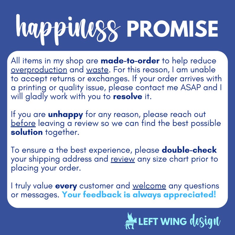 May include: A blue informational graphic with white text titled happiness PROMISE. It explains shop policies regarding made-to-order items, returns, exchanges, quality issues, and customer feedback. The bottom includes the text LEFT WING design.