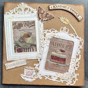 Carte vintage réalisée à la main, fête, anniversaire, toutes occasions - thème pâtisserie - carte double 13 x 13 cm + enveloppe