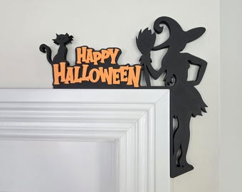 Witch & Black Cat Halloween Door Corner Sign: Spooky Indoor Decor