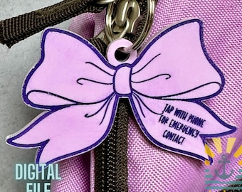 NFC tag backpack bow design kid SVG, Emergency contact, Travel safety, Back-to-school, Keychain, Digital design, Business card Medical alert
