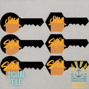 May include: A collection of black key-shaped graphics with the word "Sold" in yellow script. Each key features an orange house silhouette. One key also includes the text "DIGITAL FILE". The design is suitable for real estate or home sales.
