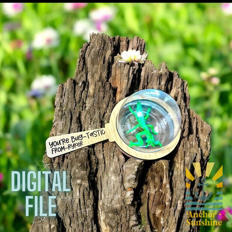 May include: A wooden magnifying glass with a green plastic bug inside. The magnifying glass has a handle with the text "You're Bug-Tastic From-Ryker" on it. The magnifying glass is sitting on a tree stump.