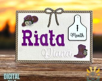 Cowgirl Rodeo Holzschleife 12 Monate Meilenstein SVG | Babyparty Geschenkideen & Kinderzimmer Dekor