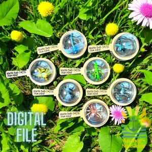 May include: A set of eight printable bug-themed magnifying glass favor tags. Each tag features a different bug, including a dragonfly, a spider, a scorpion, a beetle, and a grasshopper. The tags are printed on white cardstock and have a light blue background with the text "You're Bug-Tastic From-Ryker" printed on each tag.