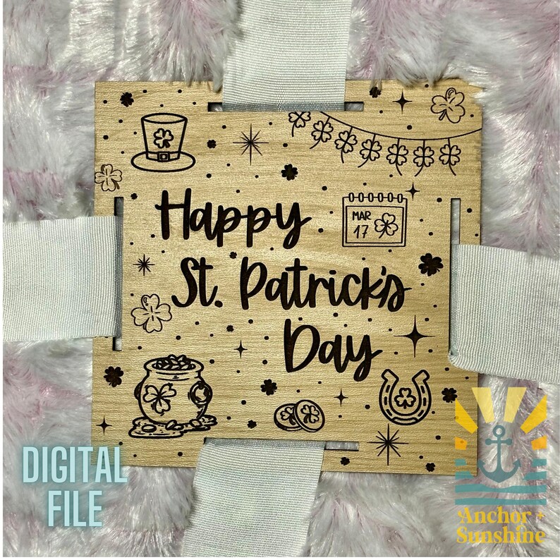 May include: A wooden sign with the text "Happy St. Patrick's Day" in a decorative font. The sign is decorated with shamrocks, a pot of gold, and a horseshoe.