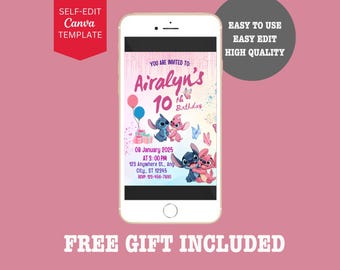 Stitch Birthday Invitation, Editable Canva Template (Digital Download)