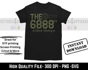 May include: Black t-shirt with a green and yellow graphic design that says "THE 6888th Black History".