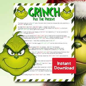 以下が含まれることがあります： 緑色のグリンチの顔とテキストが特徴の、グリンチをテーマにした「プレゼントを渡す」ゲームの印刷物。ゲームの説明は、緑色のアクセントが付いた白い背景にあります。赤い「インスタントダウンロード」ボタンが表示されます。
