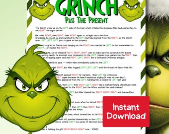 May include: A Grinch-themed "Pass the Present" game printable with a green Grinch face and text. The game instructions are on a white background with green accents. A red "Instant Download" button is visible.