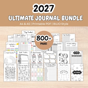Op de afbeelding: Een 2027 Ultimate Journal Bundle printbaar PDF in A4 en A5 formaat met meer dan 800 pagina's aan zwart-wit bullet journal sjablonen, inclusief trackers voor gewoontes, stemming, planten en boeken, leesuitdagingen en maandelijkse kalenders.