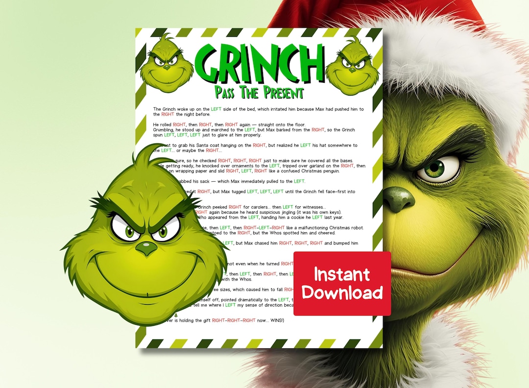 Grinch Left Right Christmas Game Printable | Grinch Pass the Gift Story ...