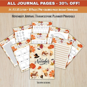 May include: A collection of printable November journal and Thanksgiving planner pages featuring autumn-themed graphics like pumpkins, turkeys, and leaves. The sheets include trackers for mood, weather, movies, and playlists with text labels in English.