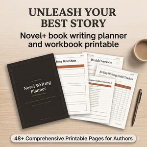 Puede incluir: Un conjunto de planificador y cuaderno de ejercicios para escribir novelas con una portada oscura y el texto blanco The Complete Novel Writing Planner. Las páginas incluyen Story Beat Sheet, World Overview, 30-Day Writing Habit Tracker y Chapter Outline Template A.