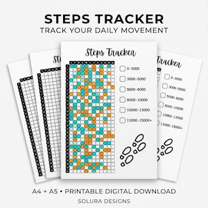 May include: A printable steps tracker digital download featuring a grid for daily movement tracking. The sheet includes columns for months and rows for days, with a color-coded legend for step counts ranging from 0 to 15000+ and footprint icons.