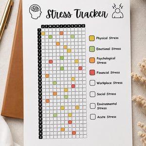 Puede incluir: Una hoja de seguimiento de estrés en papel blanco con una cuadrícula de filas numeradas del 1 al 31 y columnas con letras de la J a la D. El encabezado dice Stress Tracker con iconos de un cerebro y una persona. Una leyenda codificada por colores enumera categorías de estrés físico, emocional, psicológico, financiero, laboral, social, ambiental y agudo.