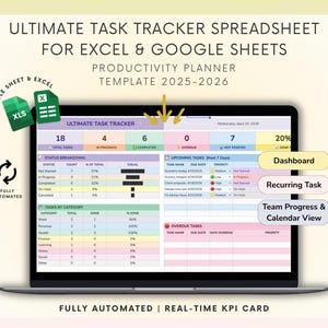 Puede incluir: Una pantalla de portátil muestra una hoja de cálculo de seguimiento de tareas para Excel y Google Sheets. La hoja de cálculo es una plantilla de planificador de productividad para 2025-2026, con secciones para el estado de la tarea, las tareas próximas y las tareas vencidas.