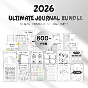 Op de afbeelding: Een 2026 Ultimate Journal Bundle printbare PDF-collectie met meer dan 800 pagina's in A4- en A5-formaat. De set bevat diverse zwart-wit sjablonen zoals gewoonte-trackers, boekuitdagingen, stemmings-trackers en maandelijkse kalenders.