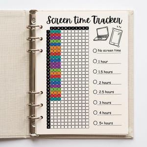 Könnte beinhalten: Ein Screen-Time-Tracker-Planer-Einleger mit einem Raster zur täglichen Nutzungsverfolgung über Monate hinweg. Die Seite enthält Laptop- und Smartphone-Symbole, eine farbcodierte Legende für die Stunden und den Text Screen time Tracker.