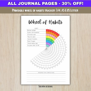 May include: A printable Wheel of Habits tracker page featuring a circular grid with numbered segments. The top section lists habits like Morning sunlight and Protein with breakfast. A rainbow-colored arc fills the top right, and a reward section is at the bottom.