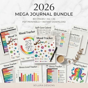 May include: A 2026 Mega Journal Bundle featuring 80+ pages in A4 and A5 sizes. The collection includes printable PDF sheets for stress, mood, and behavior tracking, daily gratitude logs, and self-care calendars with colorful floral and octopus graphics.