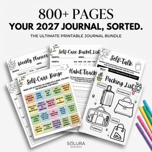 Könnte beinhalten: Ein druckbares Journal-Paket für 2027 mit über 800 Seiten an Planern und Trackern. Zu den sichtbaren Blättern gehören ein Wochenplaner, eine Self-Care-Bucket-List, ein Gewohnheitstracker, Self-Care-Bingo, Selbstgesprächs-Leitfaden und eine Packliste.