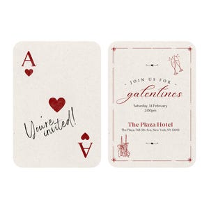 Invitación a la cena de San Valentín o Galentines con ases de corazones, plantilla editable con cartas de ases, invitación a un evento de desayuno, brunch y picnic con naipes