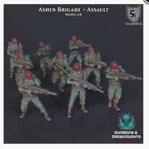May include: A group of miniature soldiers in olive green uniforms and red helmets, holding rifles. The figures are part of the "Ashen Brigade - Assault" modular set, with the "Dungeons & Dreadnoughts" logo visible.