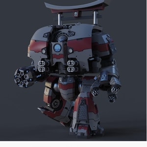 May include: A detailed 3D rendering of a robotic figure, primarily gray and red, with a Japanese torii gate design on its head. The robot has multiple weapon attachments and a futuristic aesthetic, set against a dark background.