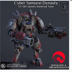 May include: A detailed image of a Cyber Samurai Dynasty HV-08 Calamity Battlesuit Team. The robot is primarily gray and red, with a large weapon on its right arm. The image includes text that says "Cyber Samurai Dynasty" and "Compatible with Grimdark Future."
