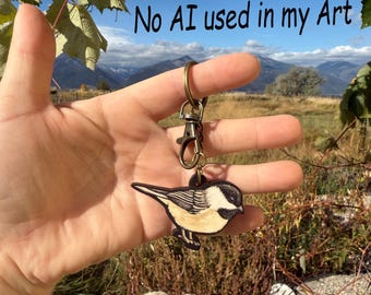Chickadee Black Capped Bird Wood Animal Keychain: gift for zookeepers, teacher, vet tech, veterinarians cute non AI animal art