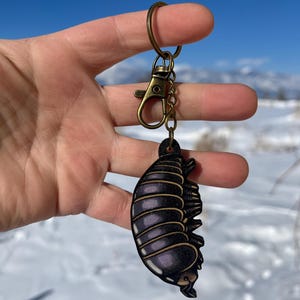 May include: A keychain featuring a woodlouse design. The woodlouse is black with tan stripes and a detailed illustration. The keychain has a bronze-colored clasp and ring. The text "No AI used in my Art" is visible in the background.