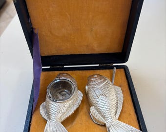 Antique Japanese  Silverplate Koi Fish Figural Open Salt & Pepper Shakers by Hiawatha Plate Japan, 1930 Figural Silverplate fish marked pair