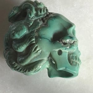 Può includere: Una scultura in pietra color turchese a forma di teschio umano con un serpente avvolto attorno alla parte superiore e laterale. La scultura presenta strutture facciali dettagliate, tra cui orbite oculari, cavità nasale e denti.