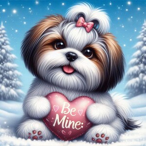Chien shih tzu mignon et original tenant un coeur oreiller JPG - impression d'art lunatique hiver neige fichiers numériques