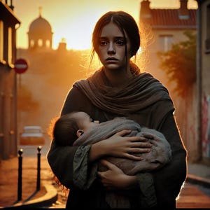 以下が含まれることがあります： 長い茶色の髪をした若い女性が、心配そうな表情で眠っている赤ちゃんを抱いています。彼女は茶色のショールと長い茶色のコートを着ています。背景は、夕暮れの街の通りのぼやけた画像です。