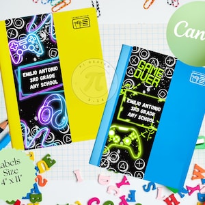 2  Neon Gamer Notebook Labels 4"x11" Editable Canva Template (Digital Download)