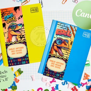 Cool Dinosaur Notebook Labels | Set of 2 Editable 4&quot;x11&quot; Designs l Back to School l Dinosaur Labels l School Supplies l Editable in Canva