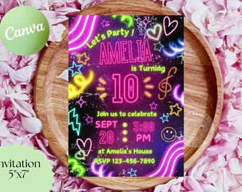 Editable Neon Party Invitation | Glow Party Invitation | Digital Download | Birthday, Rave, Dance Party Invite | Instant Access l Neon Party