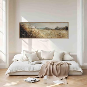 Wildflowers Field Landscape Framed Canvas Print, Spring Meadow Oil Painting Canvas Print, Long Horizontal Canvas Wall Art