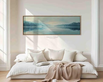 Nebliger See Leinwand, Blaue Landschaft Wandkunst, Minimal Natur Malerei, Ruhige Wohnkultur