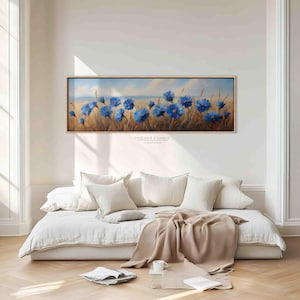 Framed Blue Wildflowers Field Landscape Canvas Print, Spring Meadow Oil Painting Canvas Print, Long Horizontal Canvas Wall Art