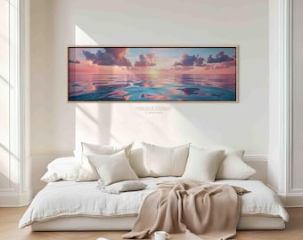 Puede incluir: Una impresión en lienzo enmarcada que representa una serena escena oceánica al atardecer. La obra de arte presenta una vibrante exhibición de colores, con tonos rosas, naranjas y azules reflejados en el agua. El texto "DREAM FRAME CANVAS" es visible.