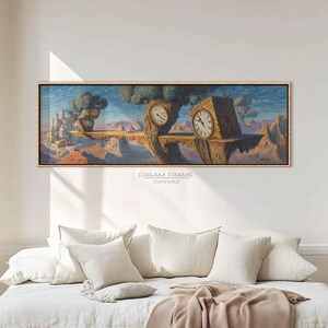 May include: A framed canvas print depicting a surreal landscape with floating islands and clock-shaped trees. The artwork has a warm colour palette and detailed depiction of a fantasy world. The text "DREAM FRAME CANVAS" is visible.
